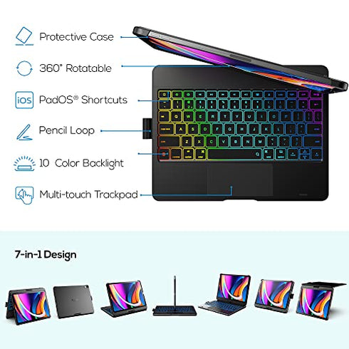 Typecase Touch Keyboard Case with Trackpad for iPad Air 5th Gen (10.9-inch, 2022): 360° Rotatable - 11 Colors Backlight - Wireless Keyboard with Pencil Holder for iPad Air 5th & 4th Gen